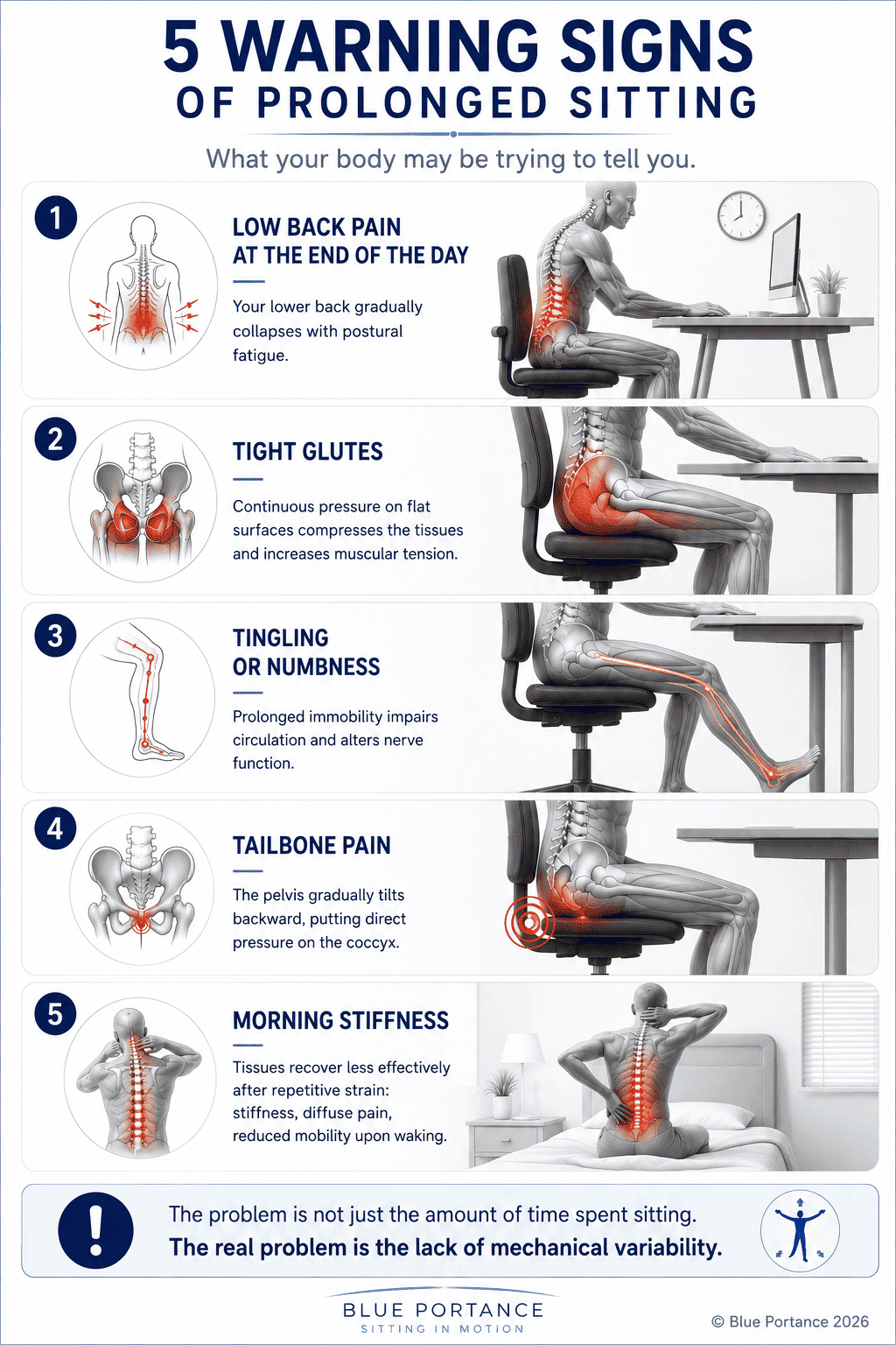 5 warning signs of prolonged sitting: low back pain, gluteal tension, numbness, coccyx pain, morning stiffness - Blue Portance