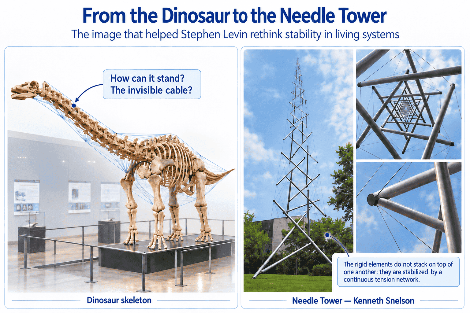 Dinosaur skeleton and Kenneth Snelson’s Needle Tower: the analogy that led Stephen Levin to the concept of biotensegrity