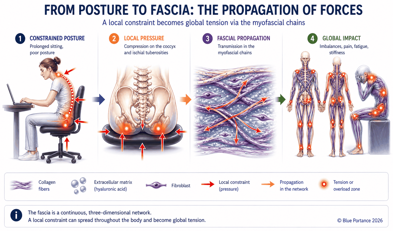 Propagation of mechanical stress from sitting posture through the fascial network creating global tension