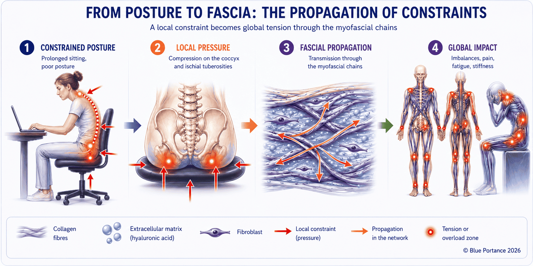 Propagation of myofascial constraints from prolonged sitting to the whole body