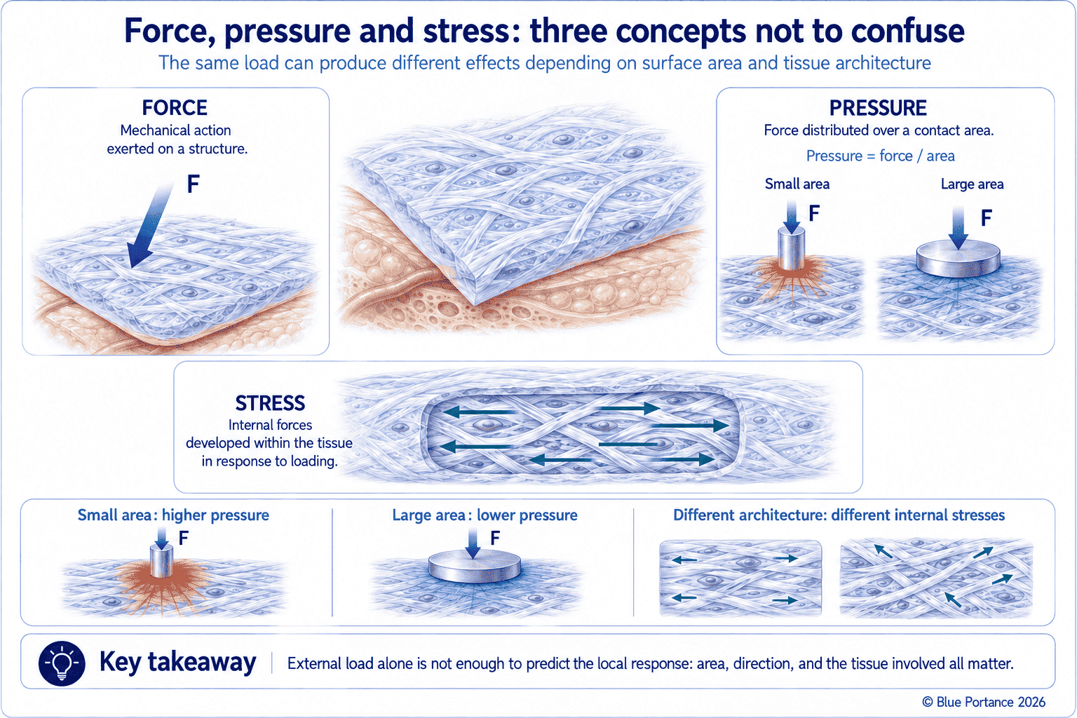 Difference between an applied force, pressure on a surface, and the internal stresses developed within a tissue