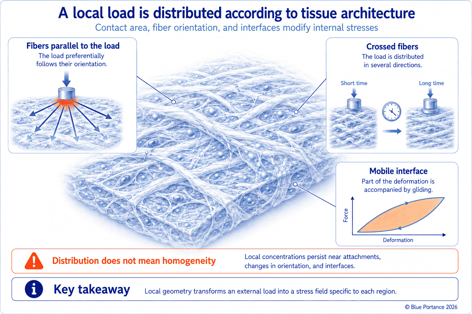 Comparison of load distribution in parallel fibers, crossed fibers, and a mobile interface