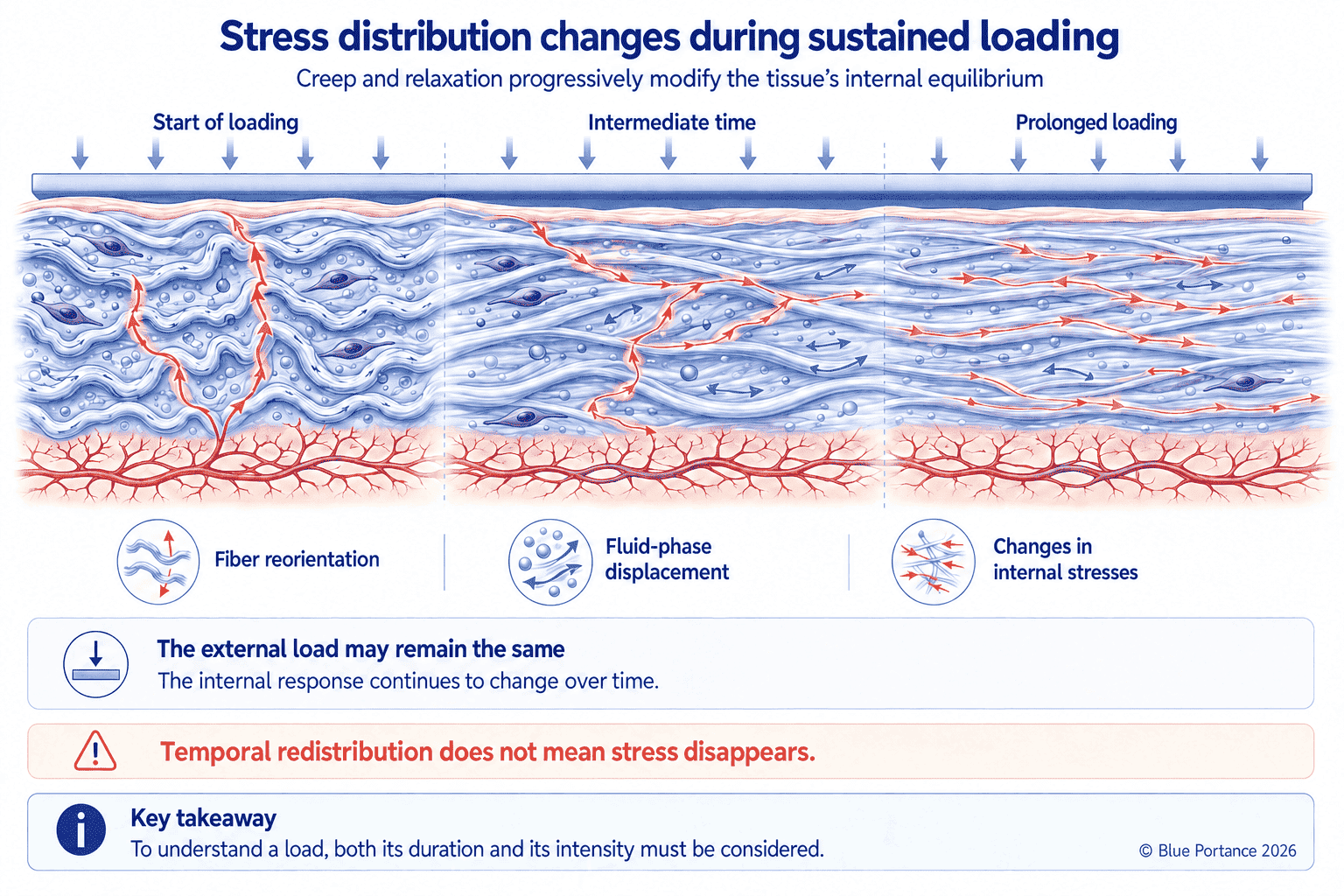 Change in a tissue’s internal stresses from the onset of loading, through an intermediate stage, to prolonged loading