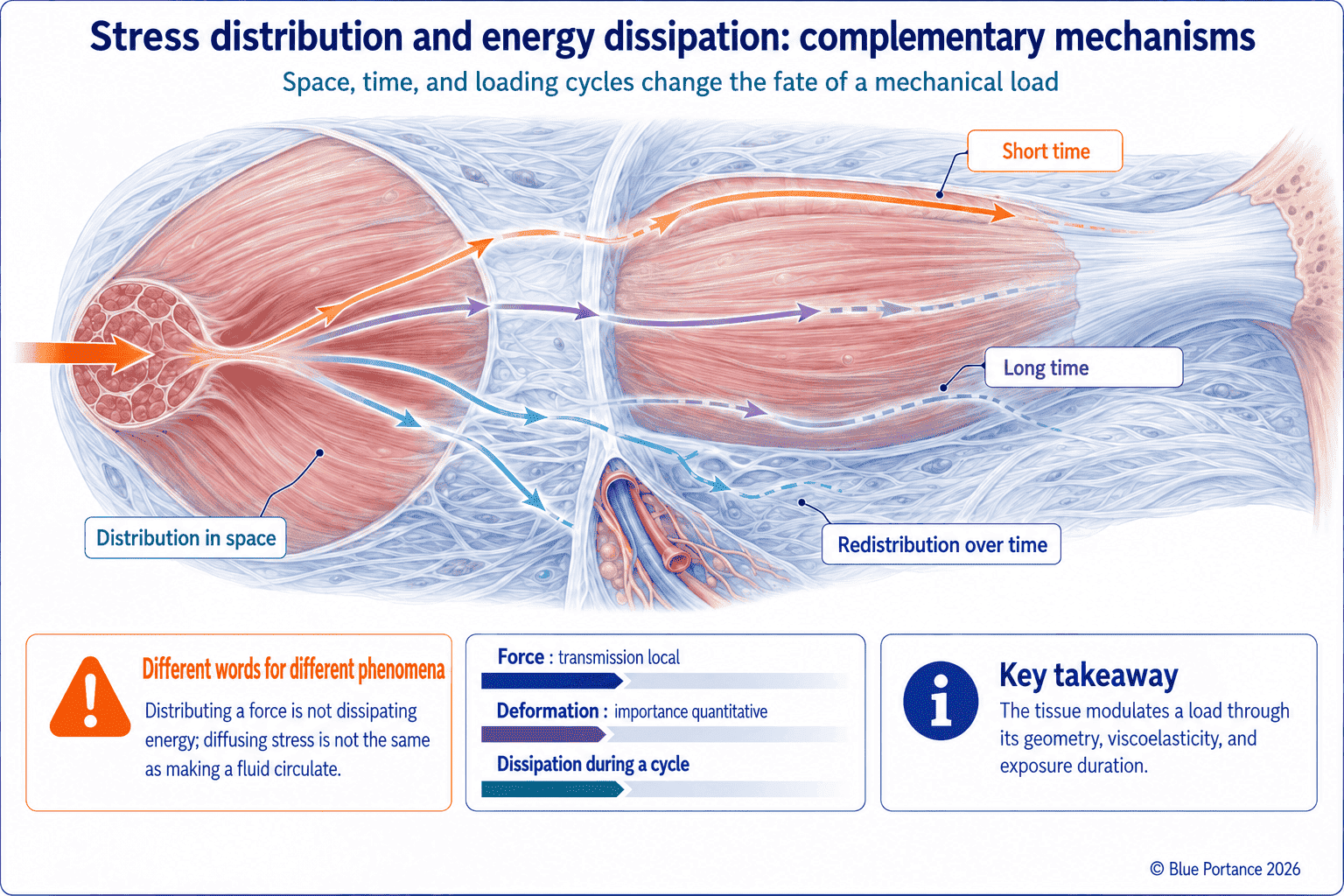 Diagram distinguishing the spatial spreading of a load from the dissipation of energy as heat during deformation.