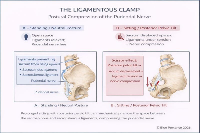 Pudendal nerve ligamentous clamp illustrating postural compression.