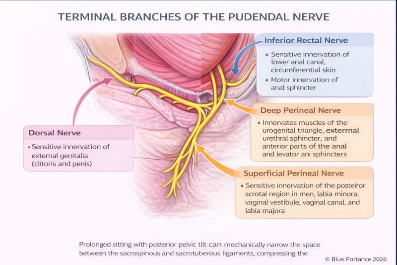 Terminal trident of the pudendal nerve showing the rectal, perineal, and dorsal branches.