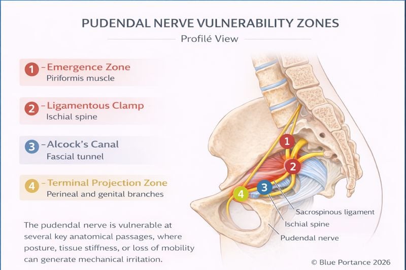 Pudendal nerve vulnerability zones: piriformis muscle, ligamentous clamp, Alcock’s canal, and terminal zone.
