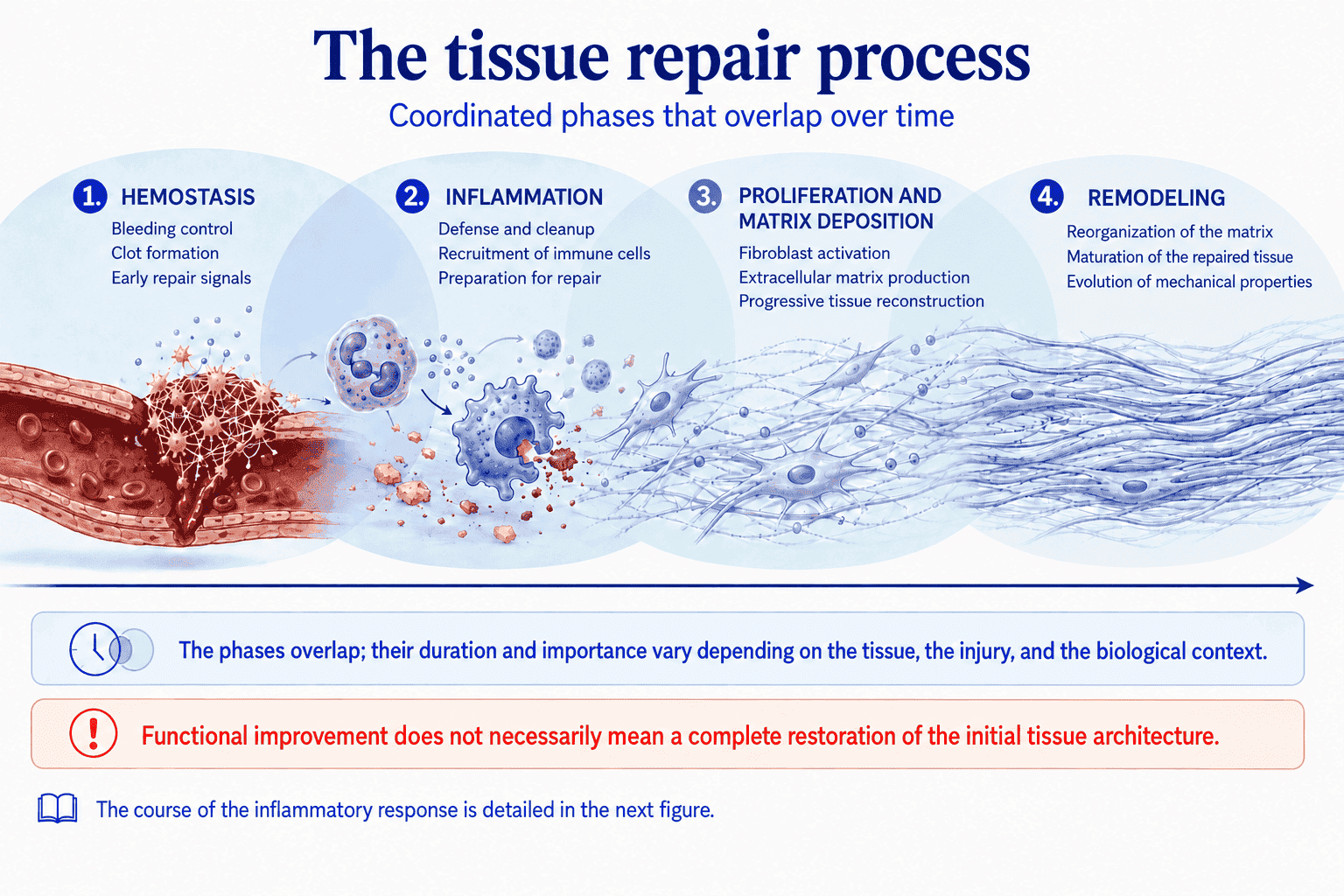 Overlapping phases of the tissue repair process, from hemostasis to remodeling