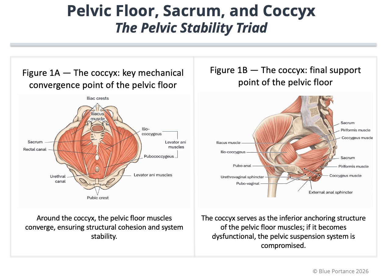 The coccyx as an inferior anchoring and convergence point for the pelvic floor, contributing to pelvic stability.