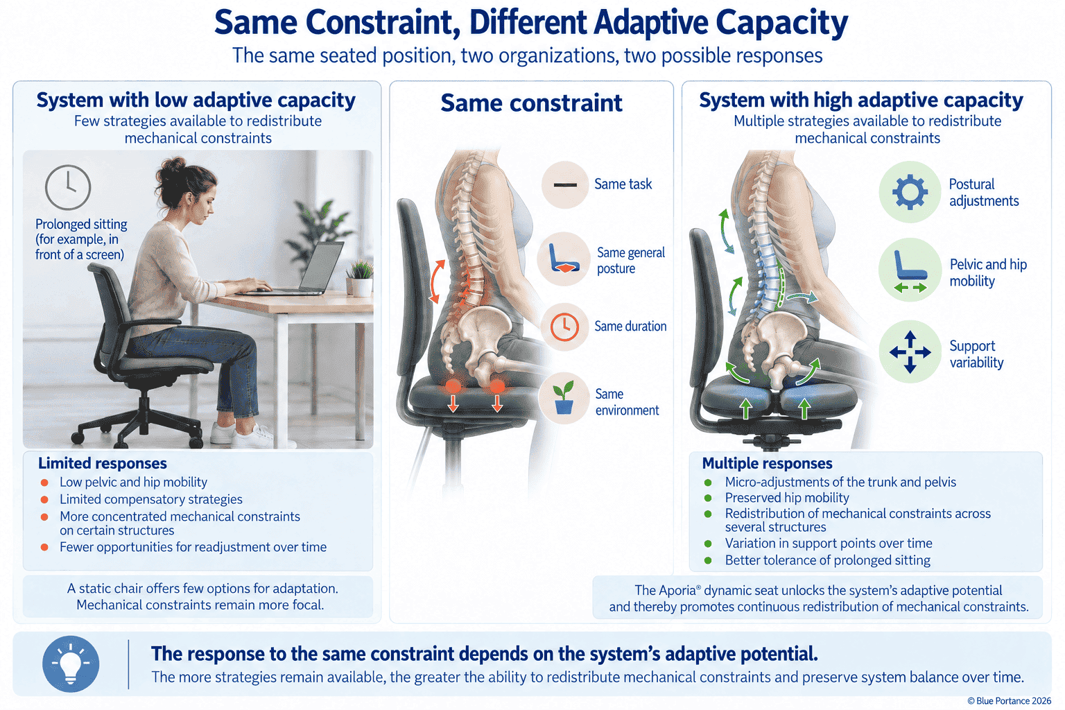 Faced with the same prolonged sitting position, a system with low adaptability concentrates loads, while an adaptable system redistributes them