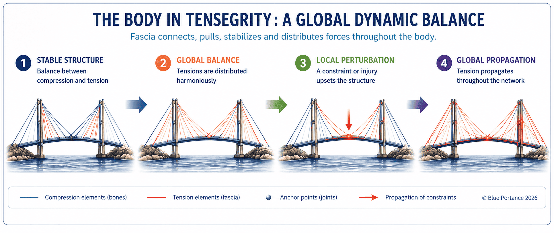 Human body tensegrity model showing balance between compression and tension forces
