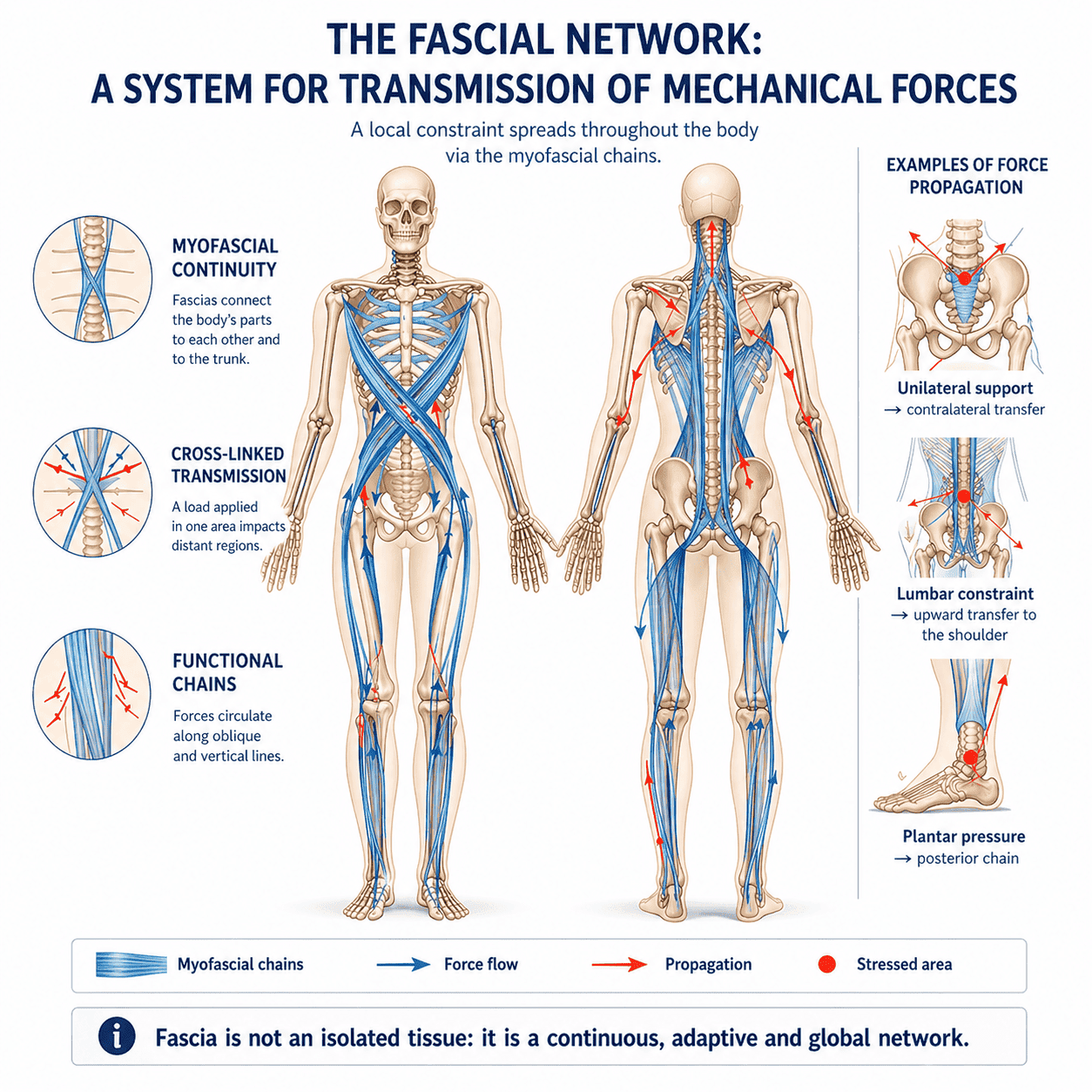 Fascial network showing how mechanical forces are transmitted across the entire body through interconnected myofascial chains