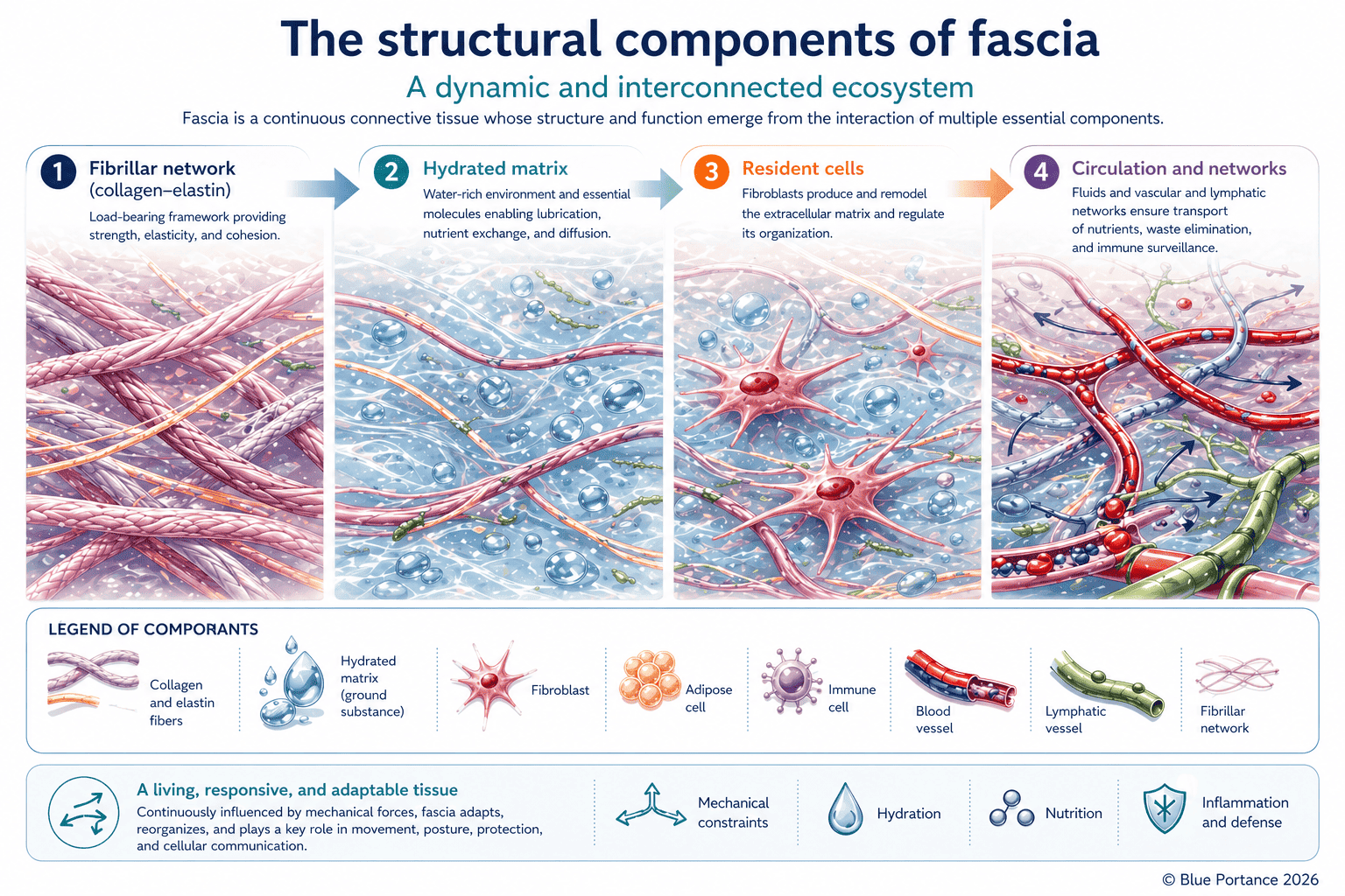 Structural components of fascia including extracellular matrix, collagen fibers, fibroblasts and vascular networks