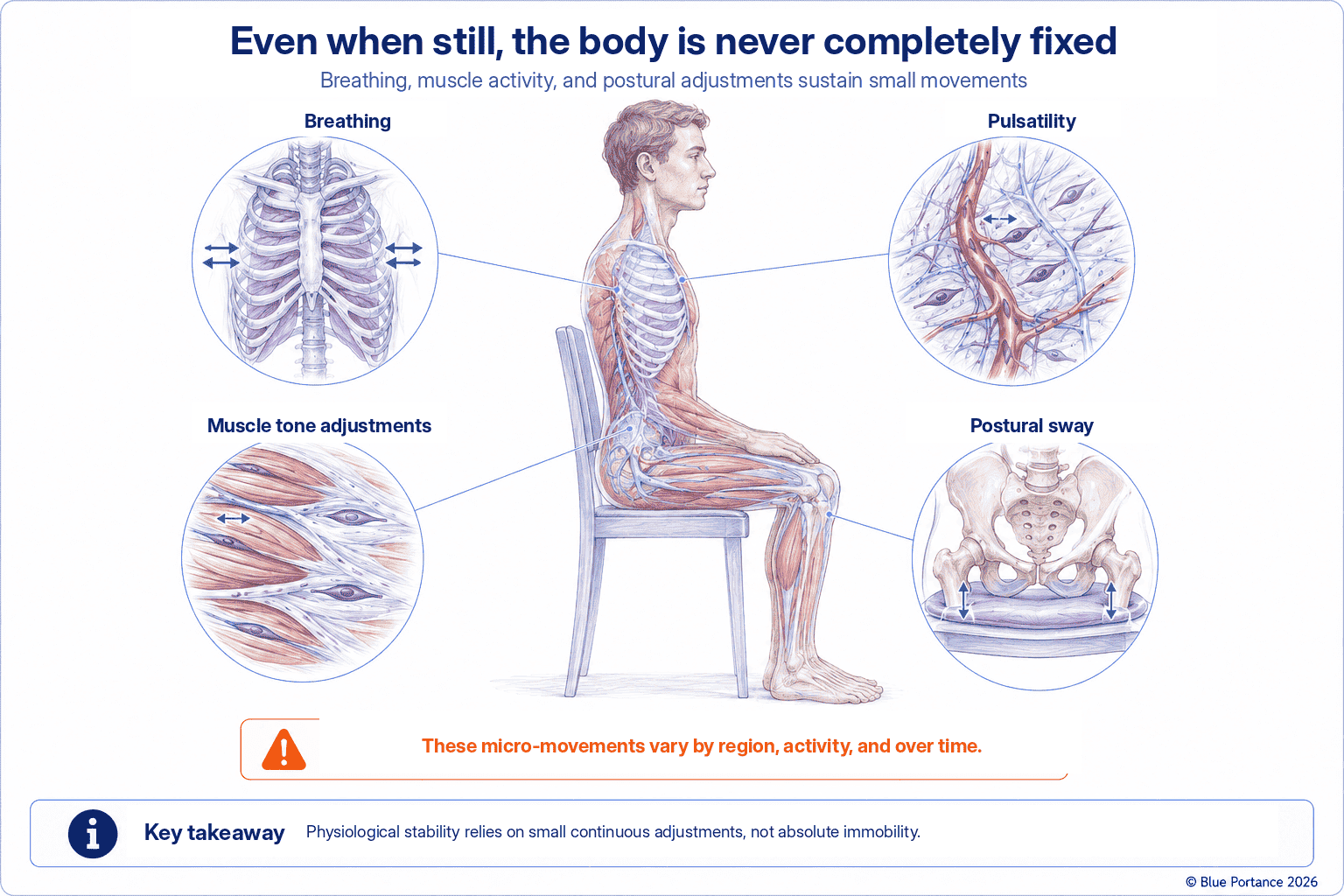 Breathing, vascular pulsations, muscle tone adjustments, and postural sway producing micro-movements of the body