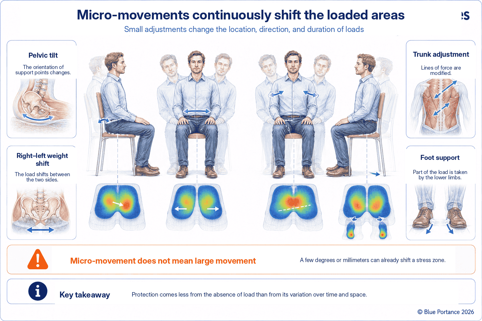 Pelvic tilt, right-left weight shift, trunk adjustment, and foot support changing the pressure zones while sitting