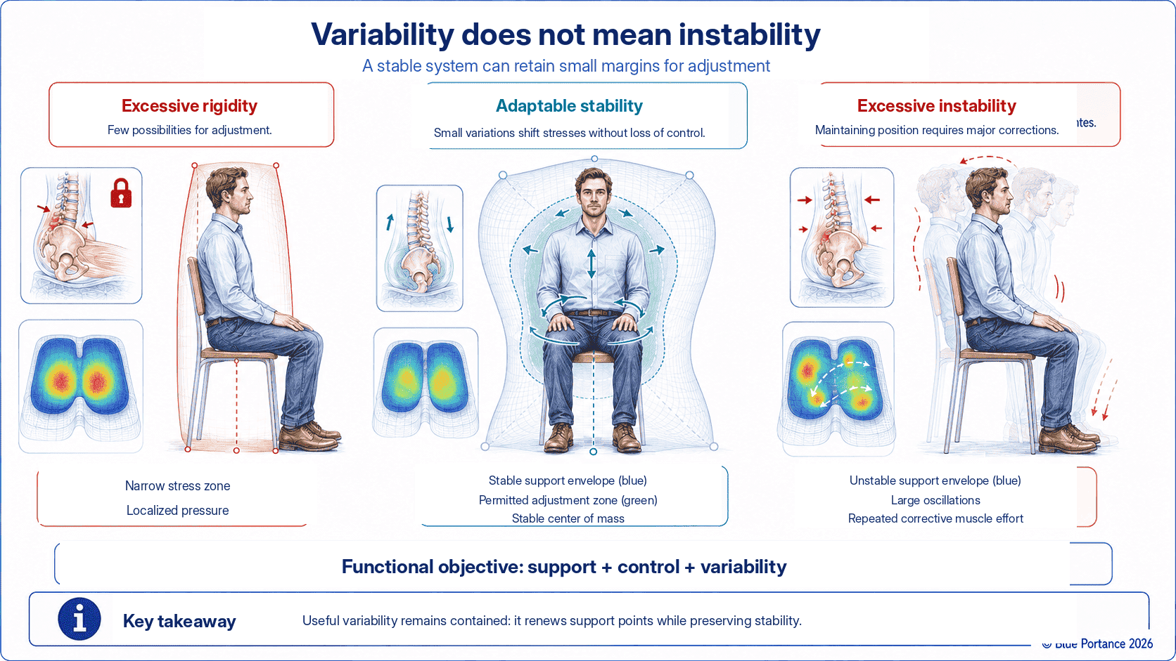 Comparison of excessive stiffness, adaptable stability, and excessive instability while sitting