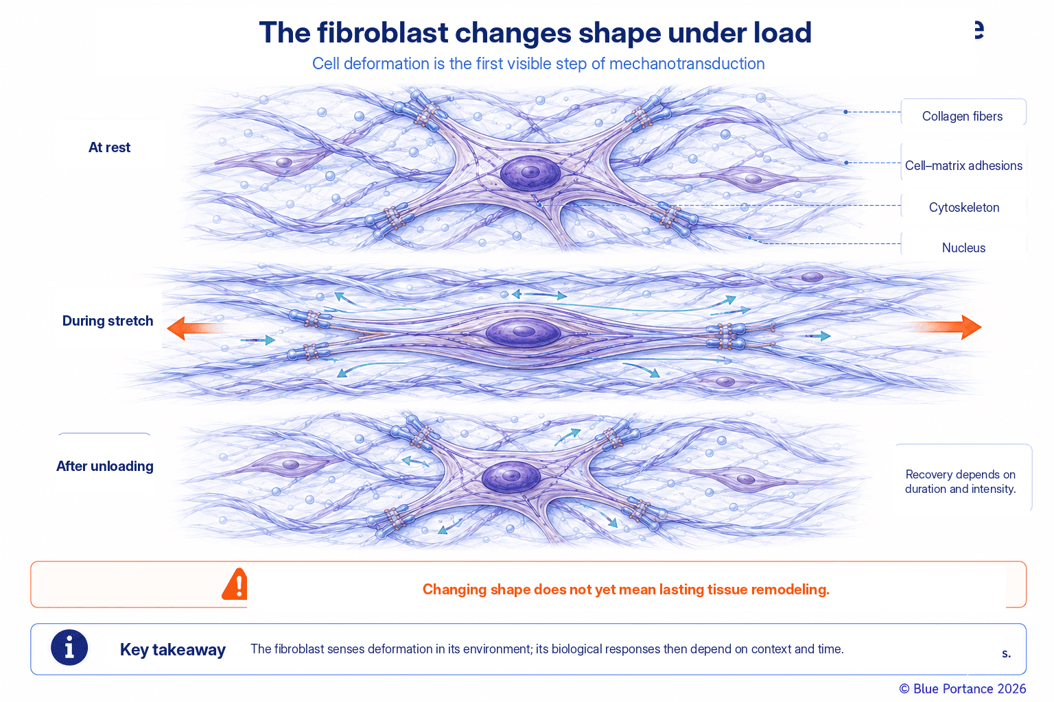 Diagram of a fibroblast responding to matrix stretch, distinguishing immediate deformation, cellular response, and delayed remodeling.