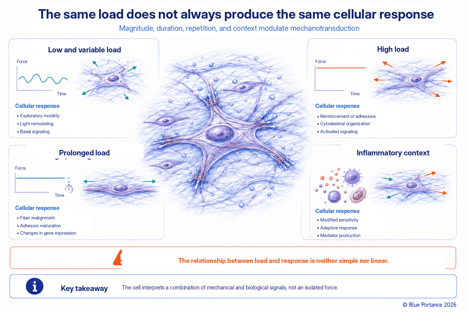 Fibroblast responses to a load that is light and variable, heavy, prolonged, or combined with an inflammatory context