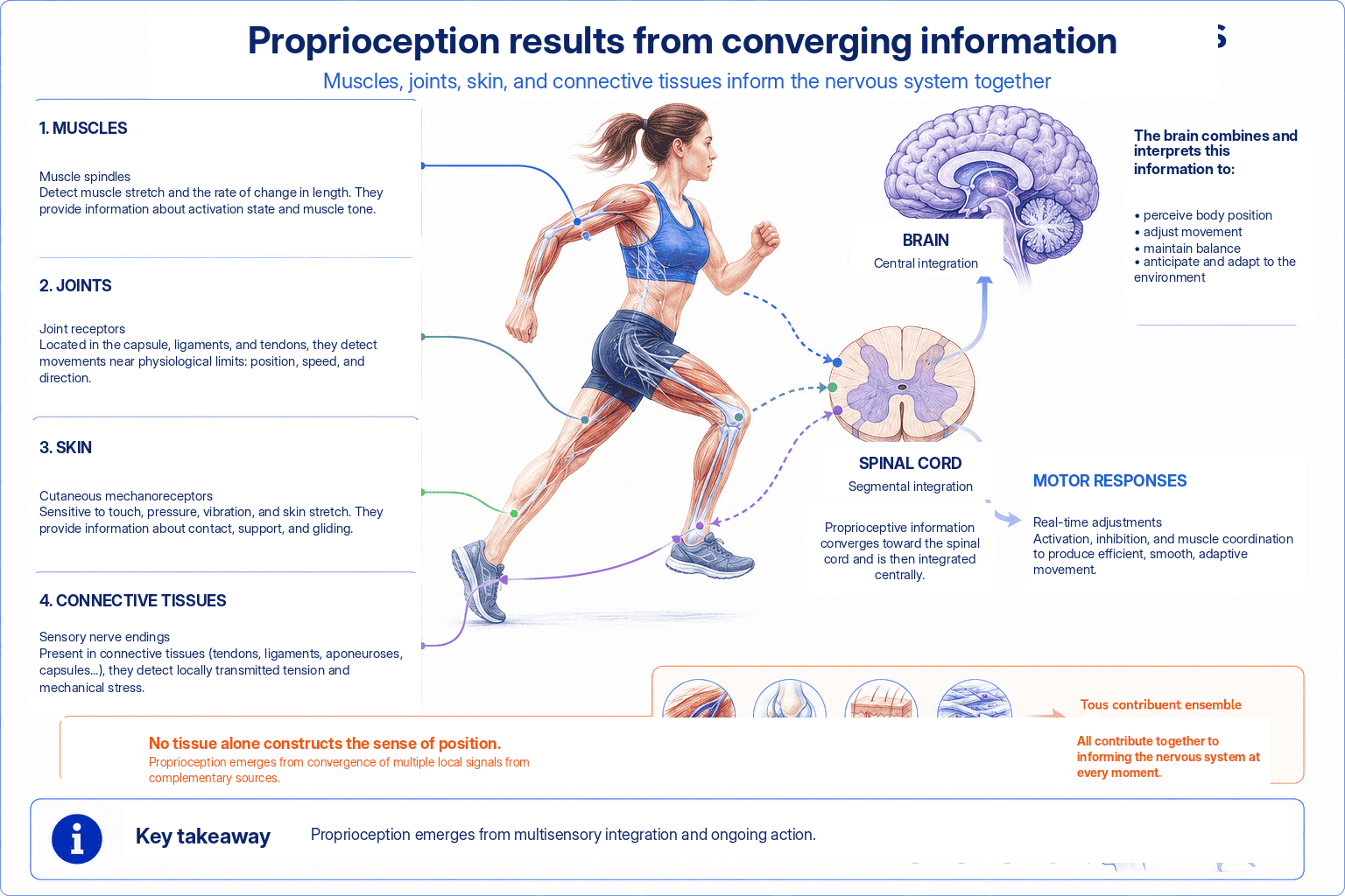 Convergence of information from muscles, joints, skin, and connective tissues toward the nervous system