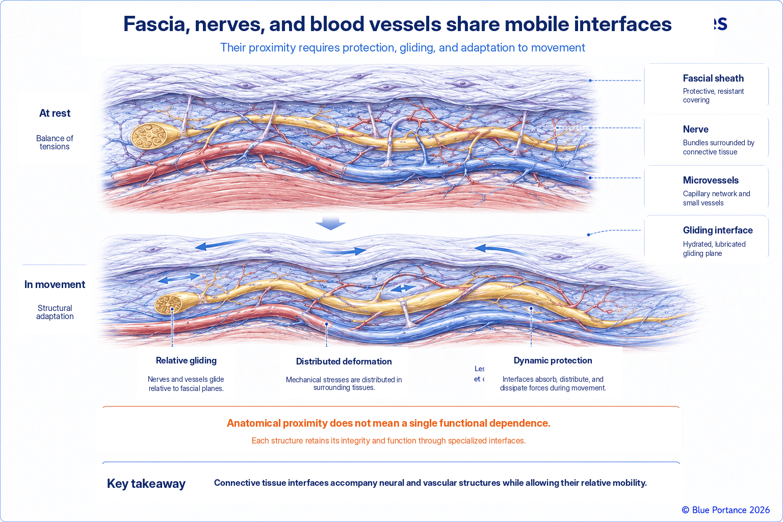 Adaptation of nerves, blood vessels, and fascial planes between rest and movement