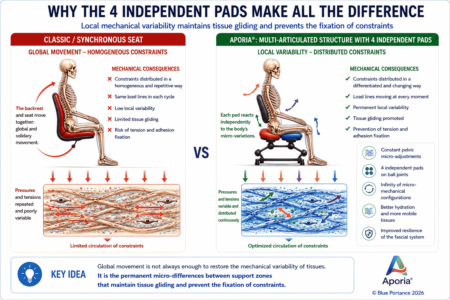 Comparison between a conventional ergonomic cushion and Aporia bioactive seating showing how the 4 independent pads redistribute mechanical constraints