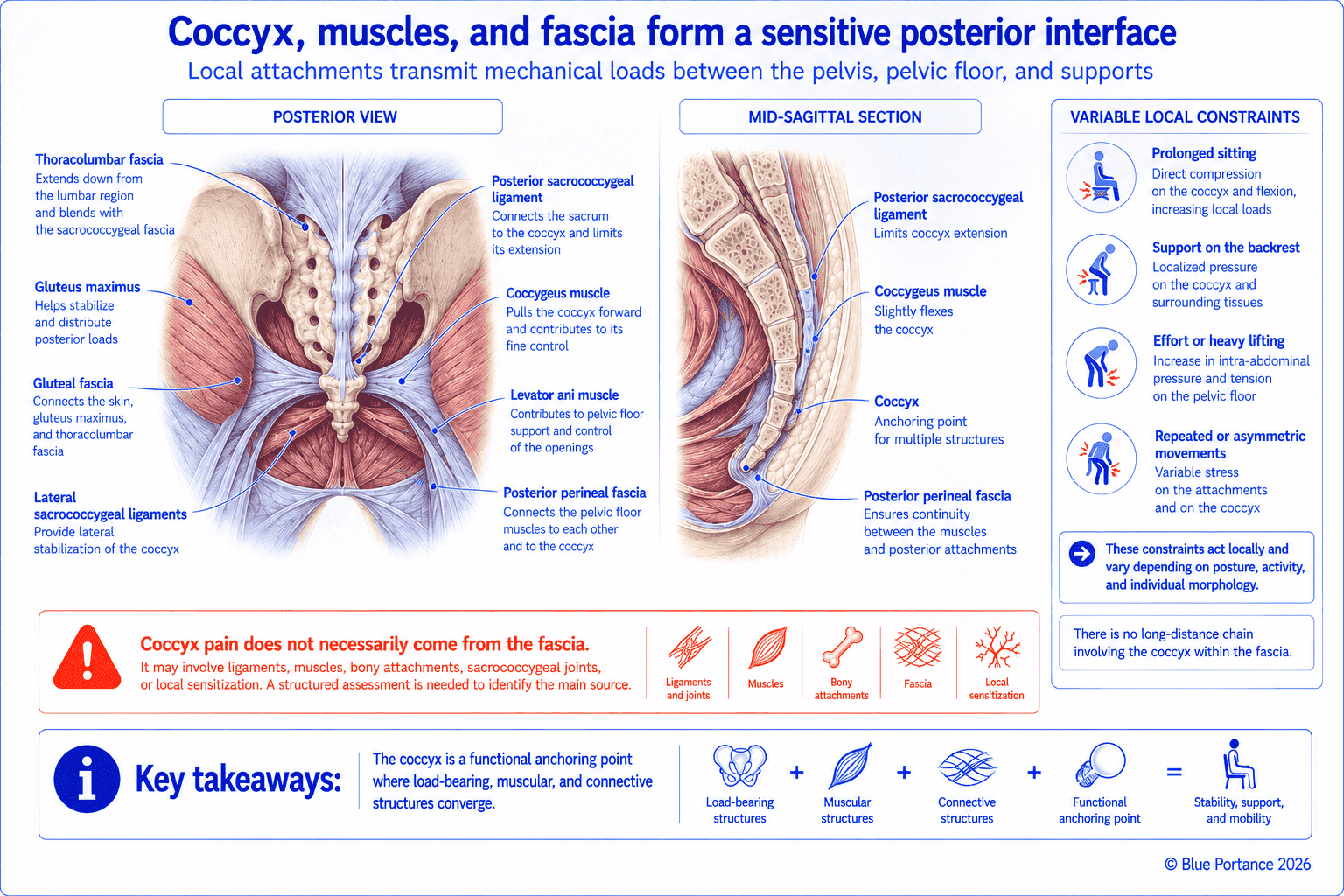 Muscular, ligamentous, and fascial attachments around the coccyx, and local stresses related to posture or activity