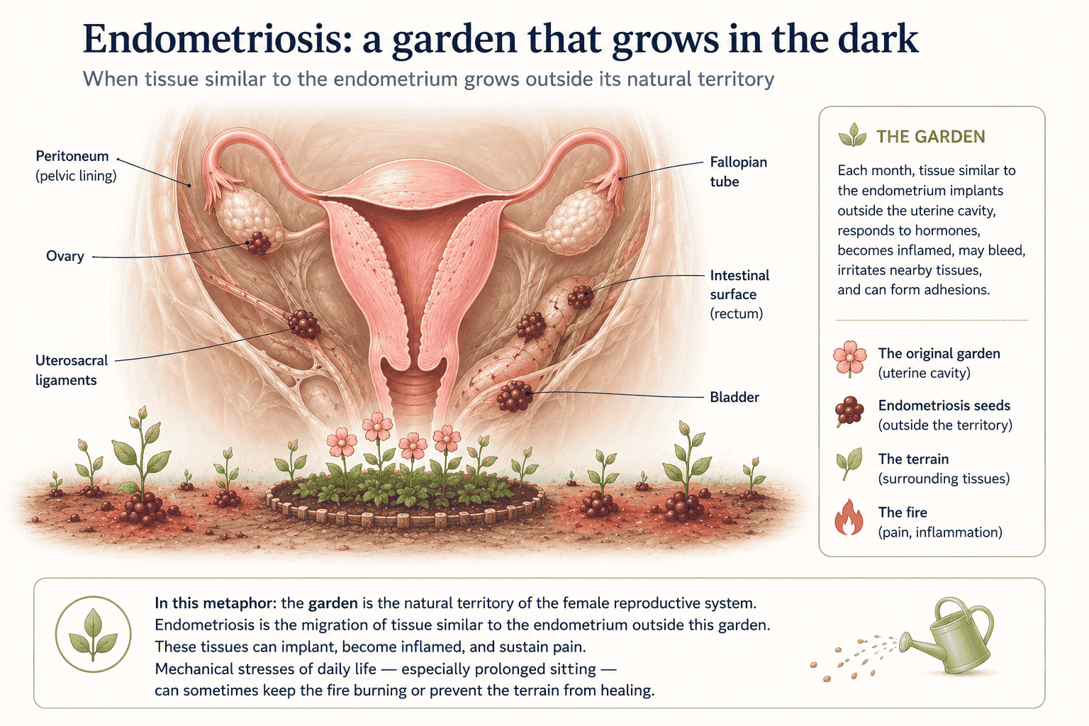 Endometriosis: a garden growing in the night — educational anatomical infographic