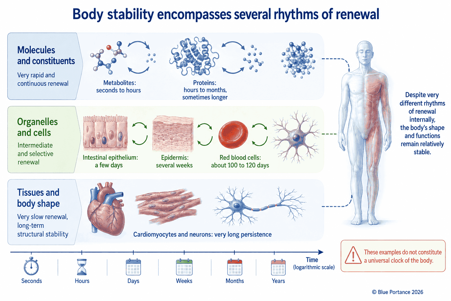 Comparison of the renewal rhythms of molecules, cells and tissues, from a few seconds to several years.