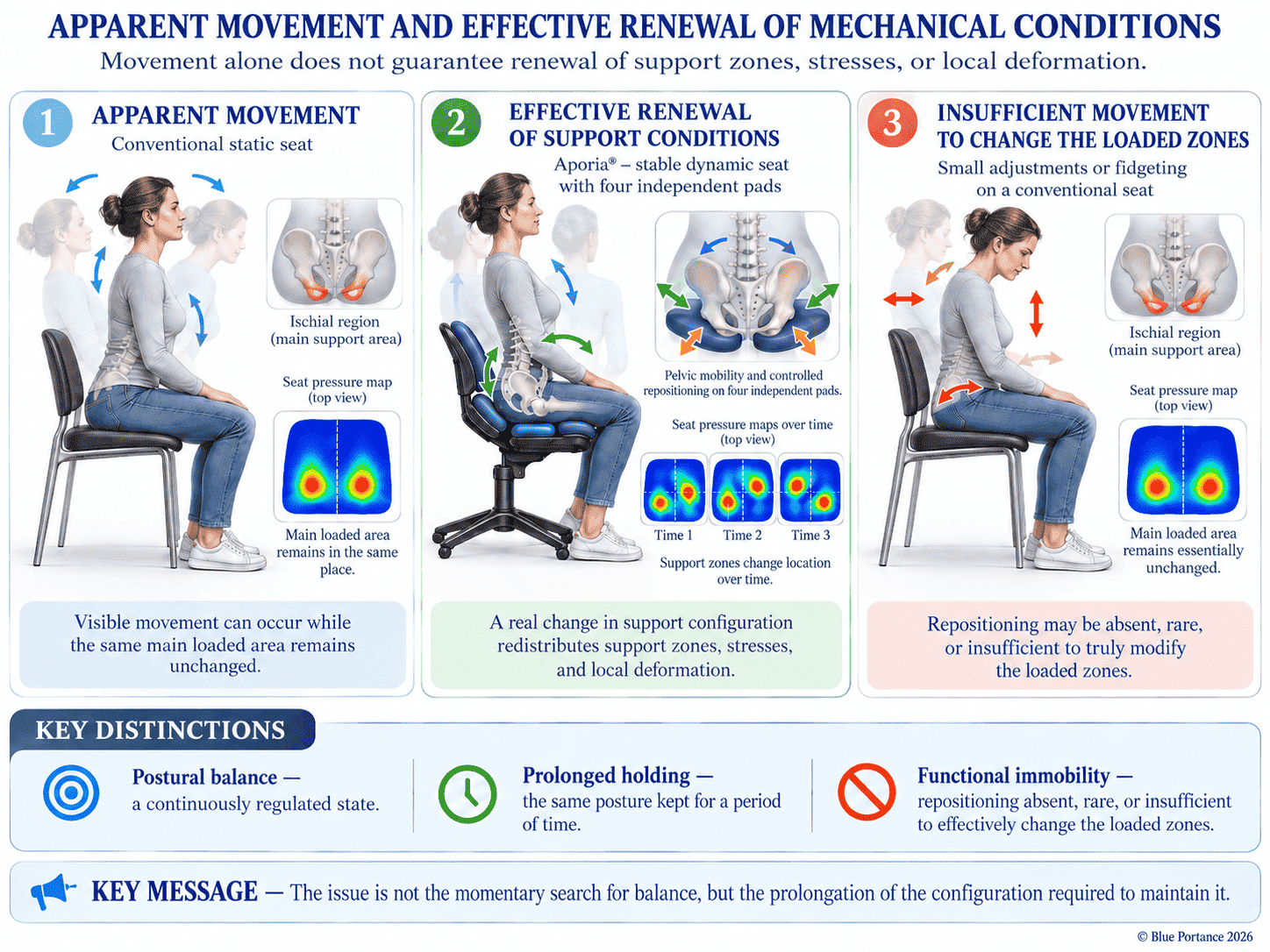Three seated situations comparing the holding of the same loaded areas, the effective renewal of support with Aporia, and movements insufficient to actually change the loaded areas