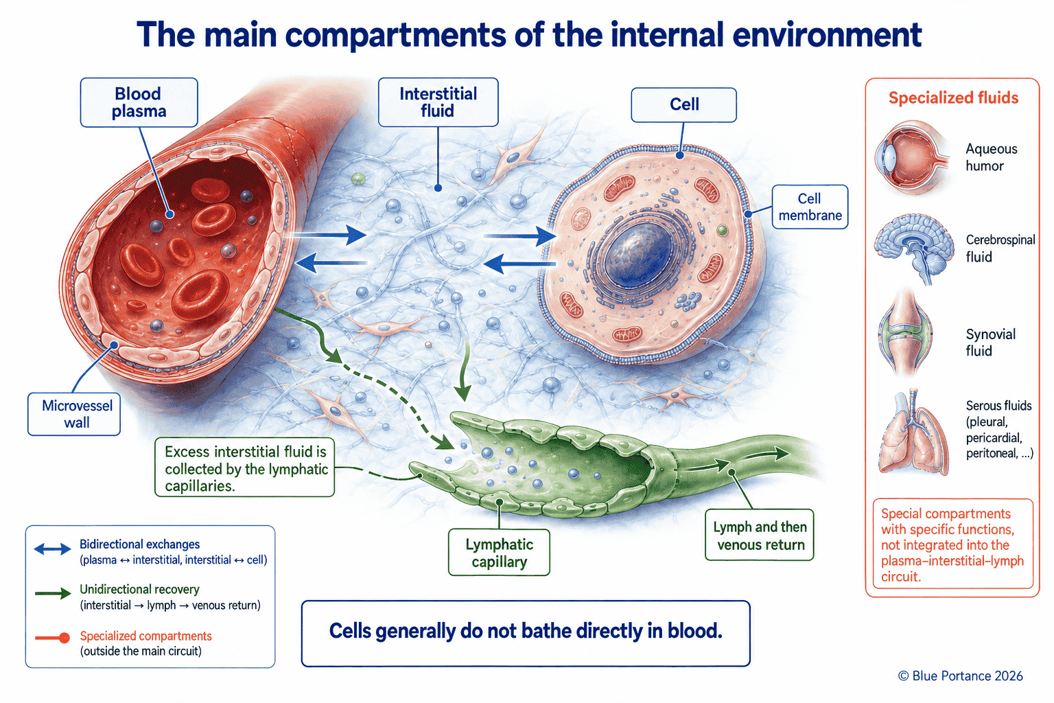 Diagram of the extracellular compartments: plasma, interstitial fluid, lymph and specialized fluids.