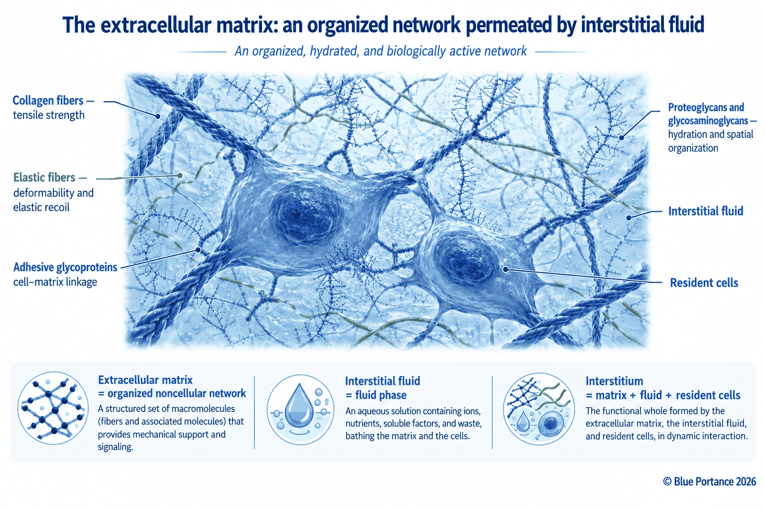 Hydrated extracellular matrix with collagen, elastic fibers, glycoproteins, proteoglycans, water and cells.