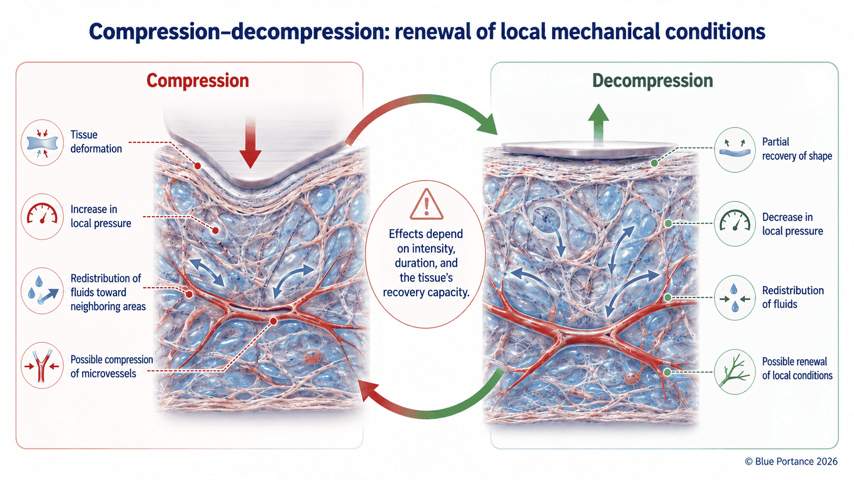 Two states of a tissue during compression and decompression, with local redistribution of fluids.
