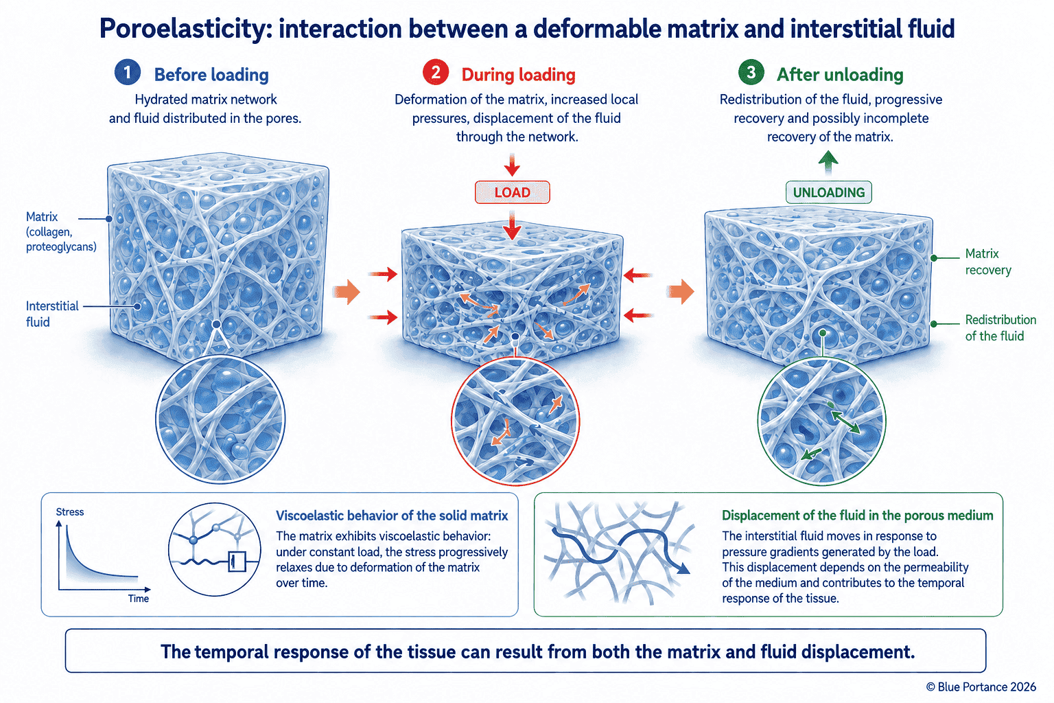 States of a hydrated porous tissue before, during and after loading.
