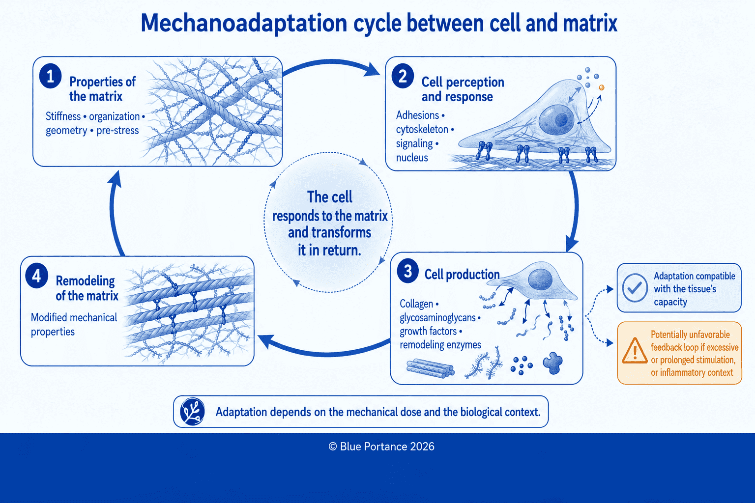 Feedback loop between matrix properties, cellular perception, cellular production, and remodeling.