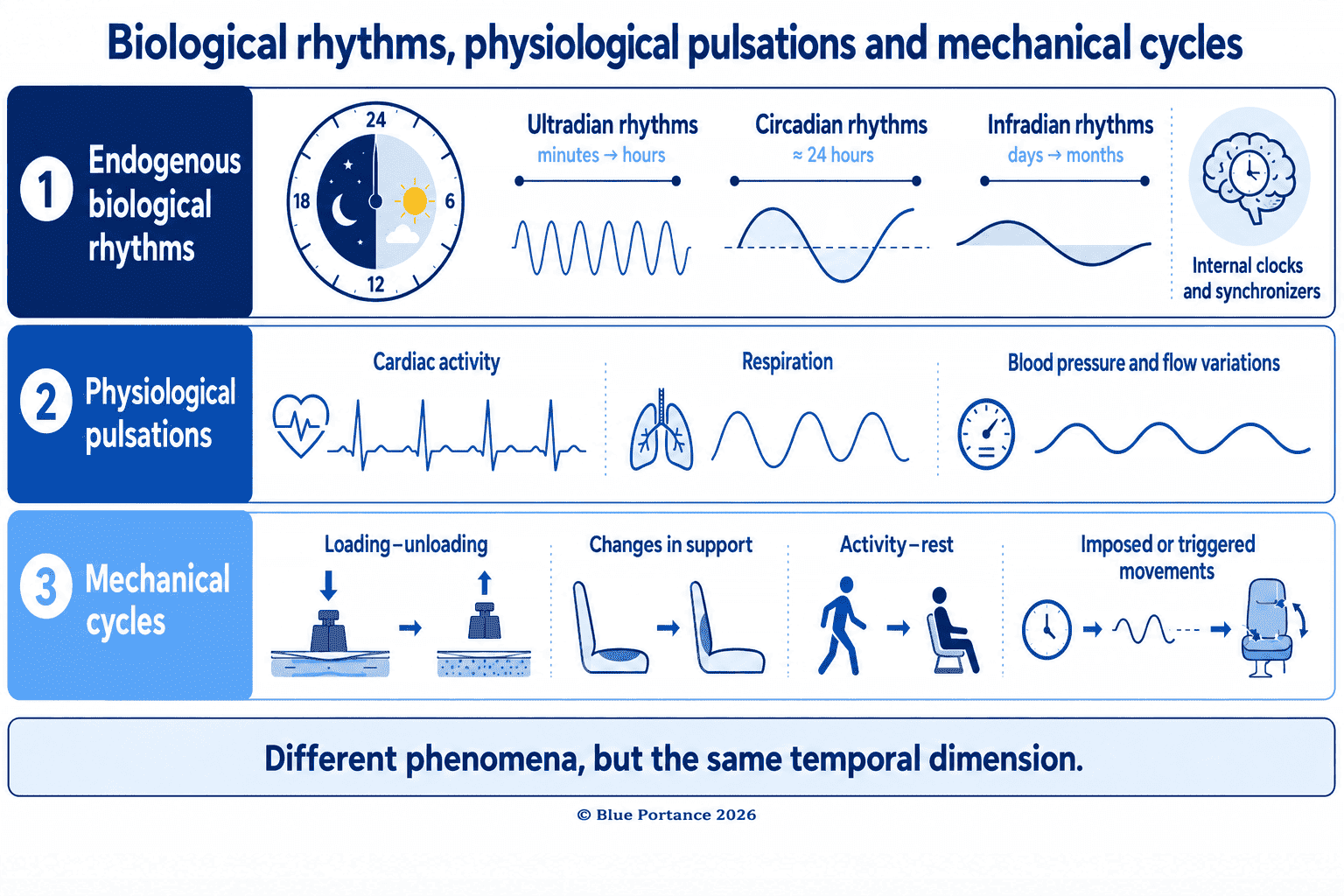 Comparison of biological rhythms, physiological pulsations and mechanical cycles.