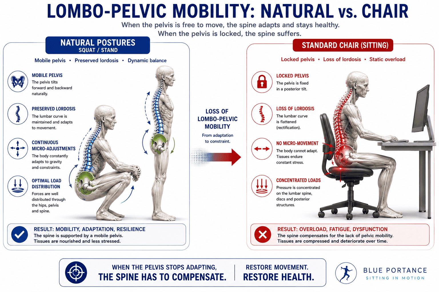 Lumbo-pelvic mobility: comparison between natural postures and sitting in a chair - Blue Portance