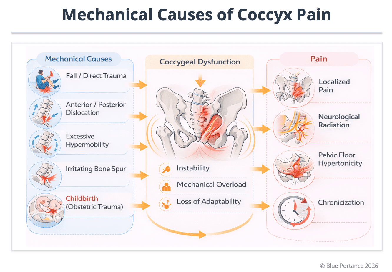 Diagram: mechanical causes of coccydynia (fall, dislocation, hypermobility, spicule, childbirth) leading to coccygeal dysfunction (instability, overload, loss of adaptability) and to pain expressions (local pain, radiation, pelvic floor hypertonia, chronicity).