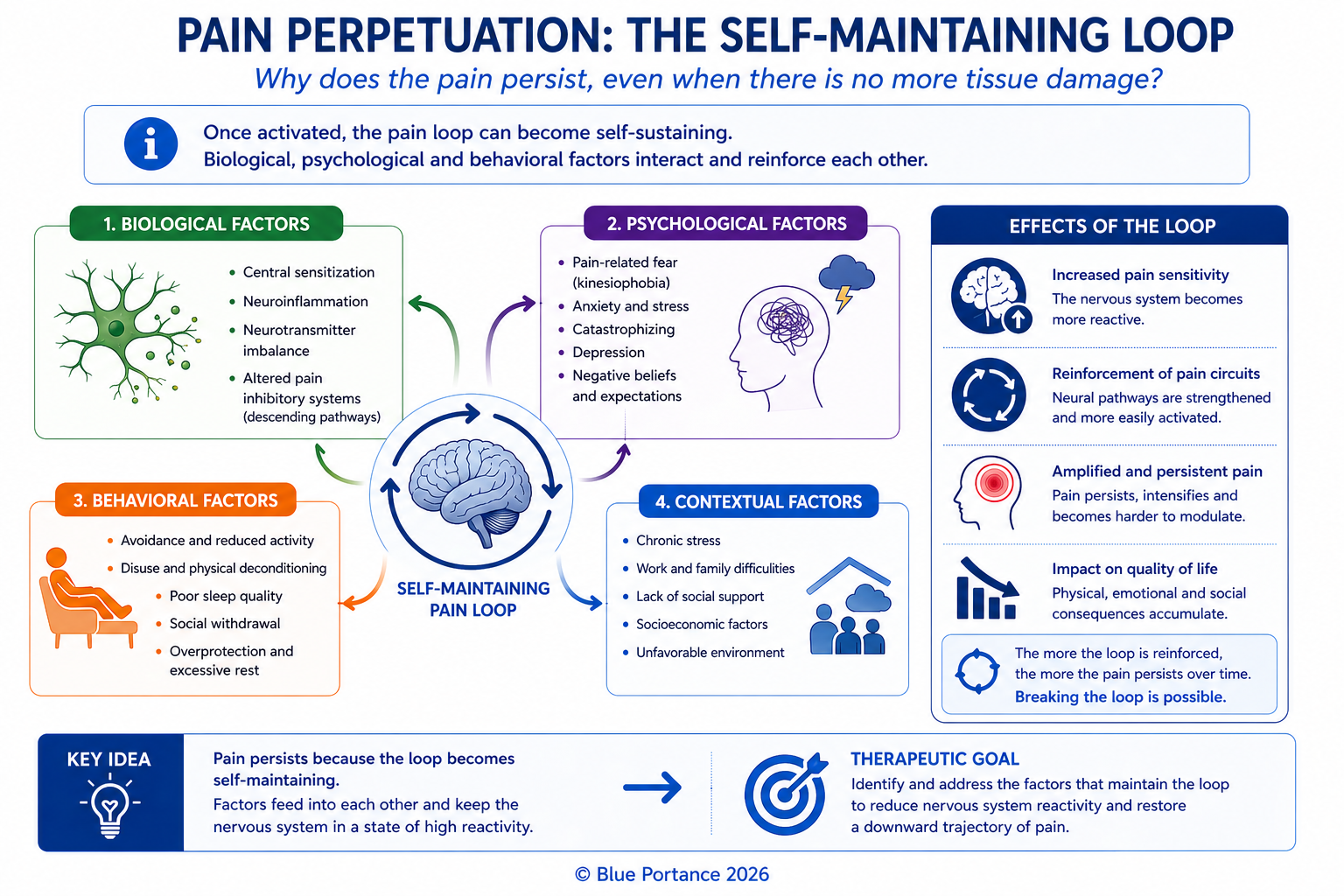 Diagram of pain perpetuation showing interaction between biological, psychological, behavioral and contextual factors that keep the nervous system in hyperexcitability