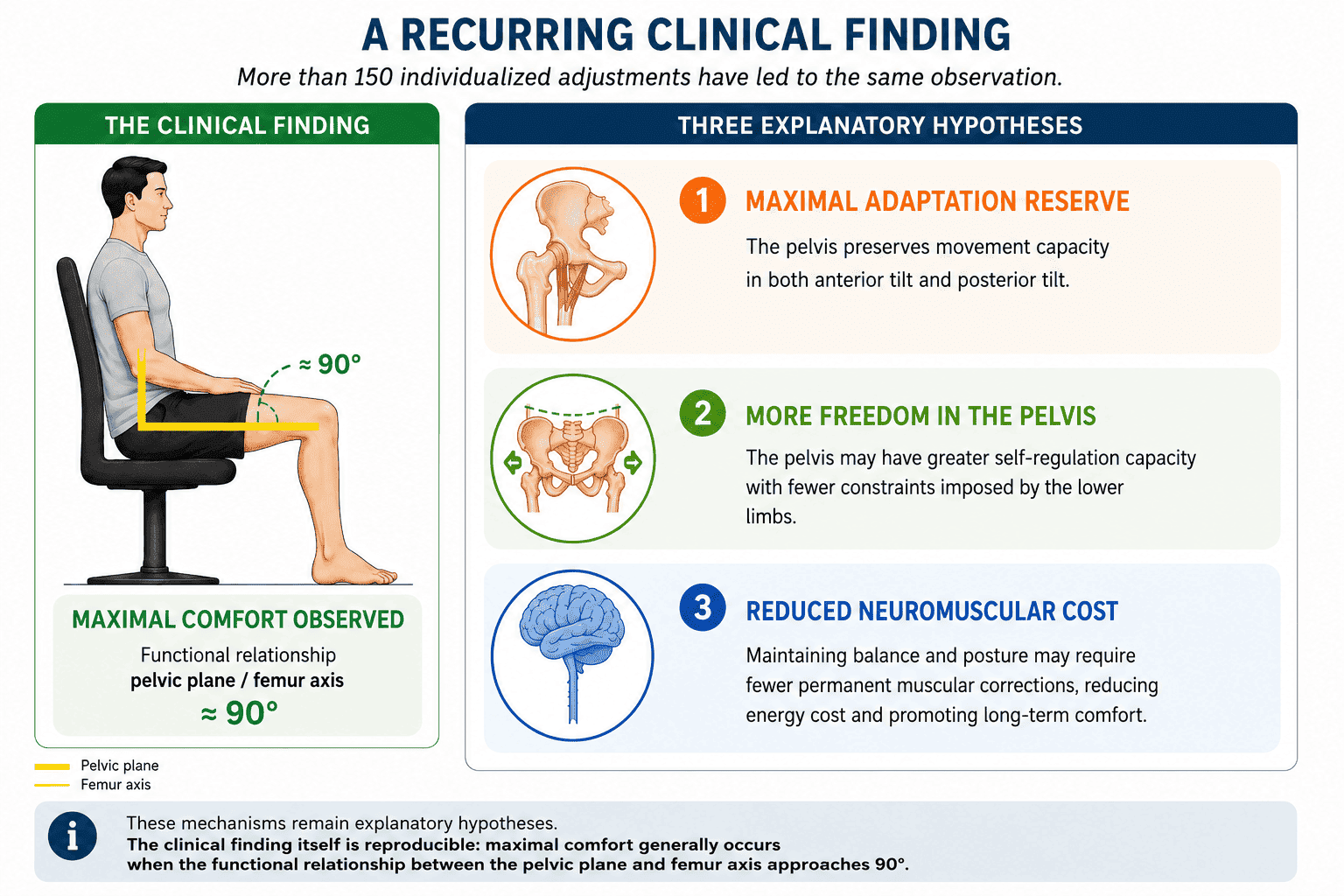 Clinical finding showing that maximum comfort appears when the functional relationship between the pelvic plane and the femoral axis approaches 90 degrees
