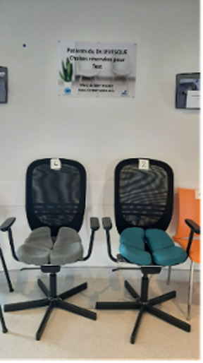 Chairs 2 and 4 with Aporia® ergonomic cushions for perineal/pudendal-cluneal discomfort and coccyx pain
