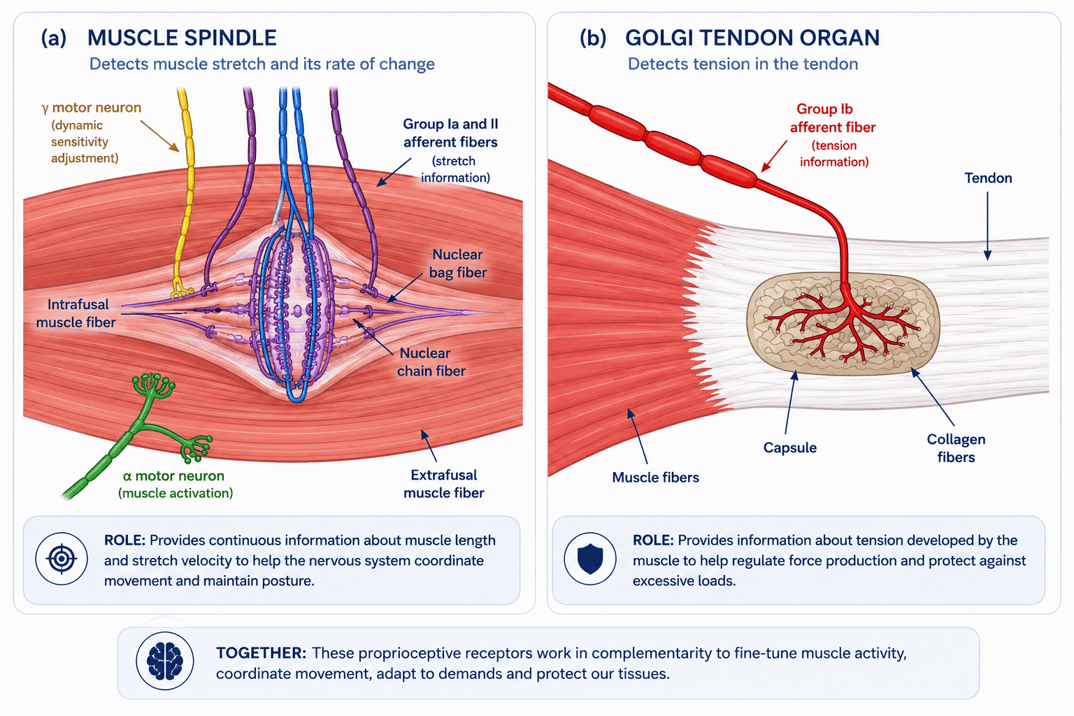 Educational scientific illustration showing two major proprioceptive receptors: on the left, the muscle spindle, located within muscle fibers, which detects muscle length and stretch changes; on the right, the Golgi tendon organ, located at the muscle-tendon junction, which detects mechanical tensions transmitted to the tendon. © Blue Portance