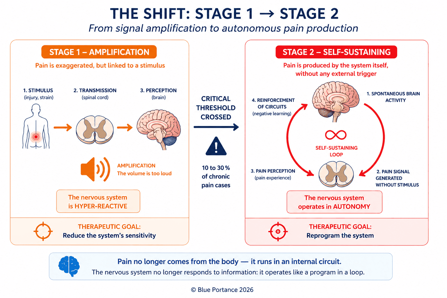 Comparison between amplified pain linked to a stimulus (Stage 1) and autonomous pain generated by the nervous system without any external trigger (Stage 2)